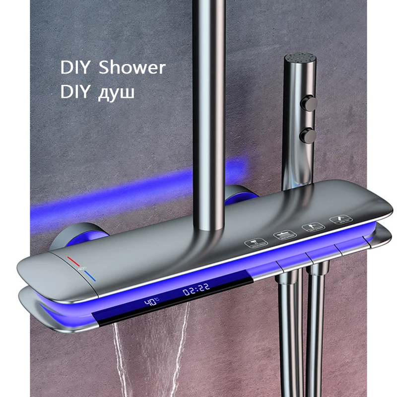 Grey DIY Shower Set Atmosphere Light Shower System Accessories Module Bathtub Shower Faucet Sets Waterfall Piano Key Shower Tap