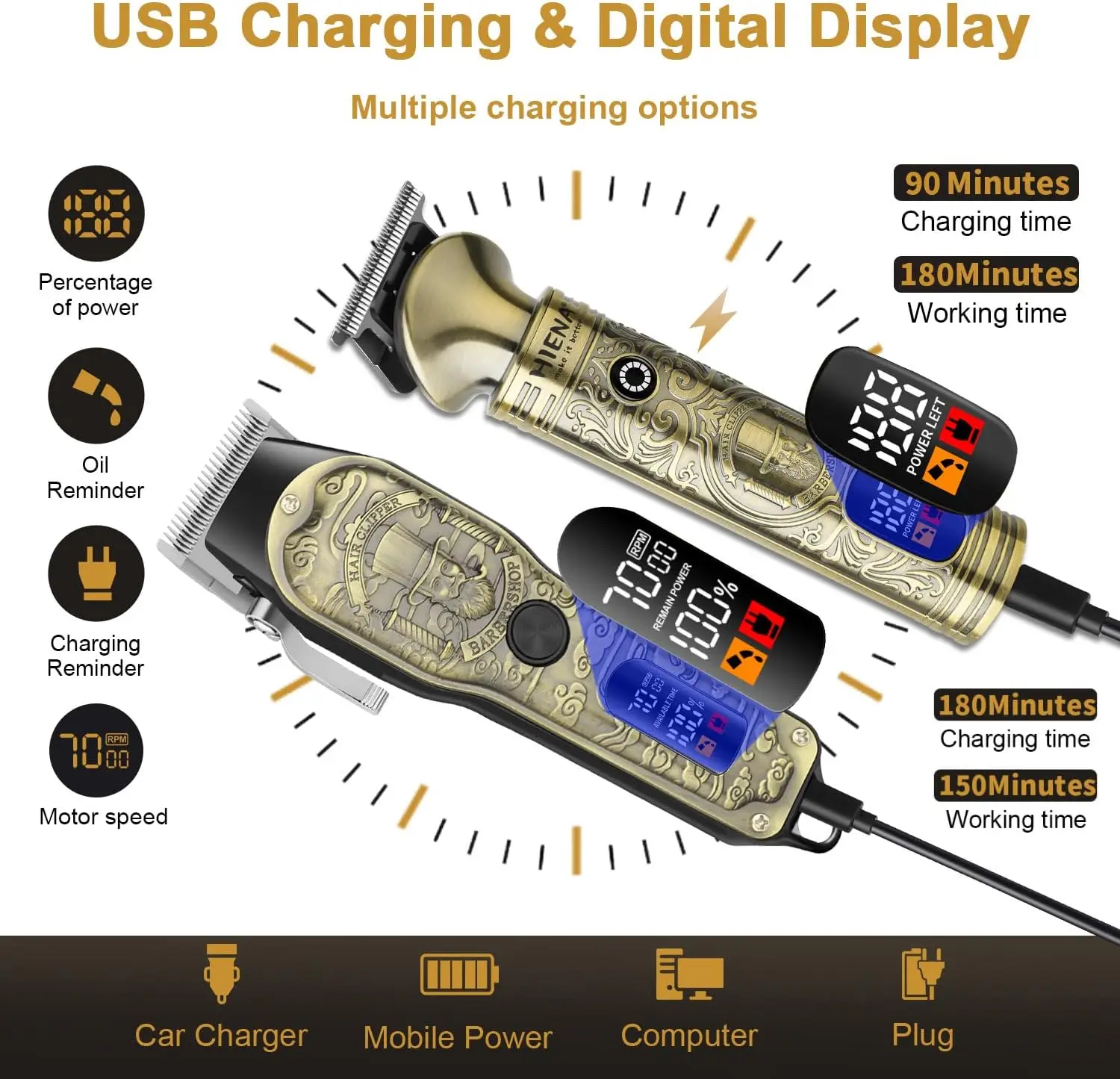 HIENA Hair Clippers For Men Professional Cordless Barber Clipper T-blade Beard Trimmer Electric Nose & Body Hair Cutting Machine