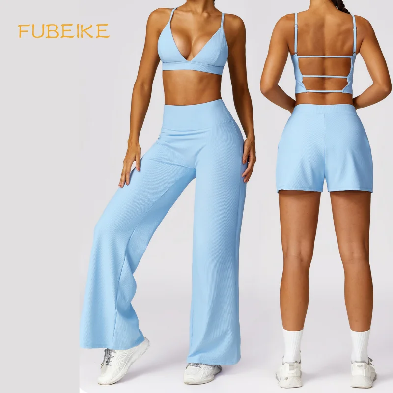 

FUBEIKE 2PCS Women Yoga Set Nude Feeling Workout Sports Suits Yoga Clothes Fitness Vest Suit Hight Waist Bell-bottom Tracksuits