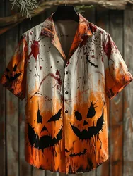 Halloween Funny Ghost Men's Color Block Short Sleeve Lapel Shirt, Men's Casual Button Up Tops For Summer, Gift For Men