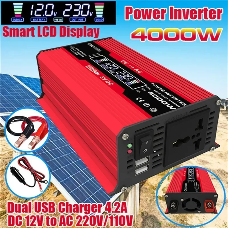 4000W LCD Display Solar Power Inverter 12V to 110V/220V USB Modified Wave Sine Voltage Transformer Car Adapter Charge Converter