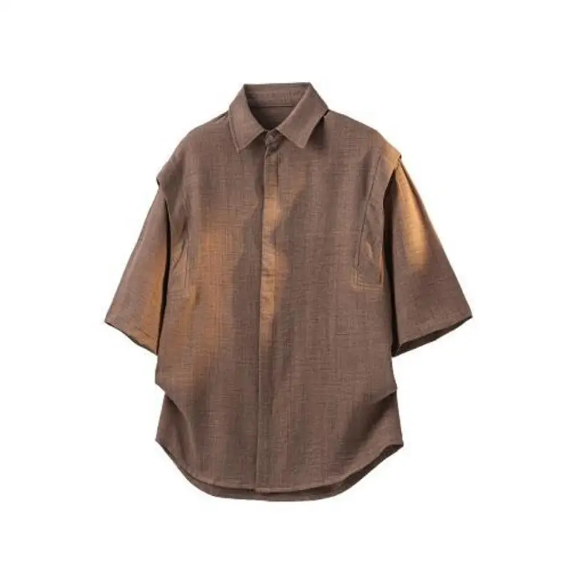 

Men's Short Sleeve Shirt Casual Linen-Like Fake Two-Piece Summer Fashion Retro Japanese Style Loose Fit Polyester Fiber