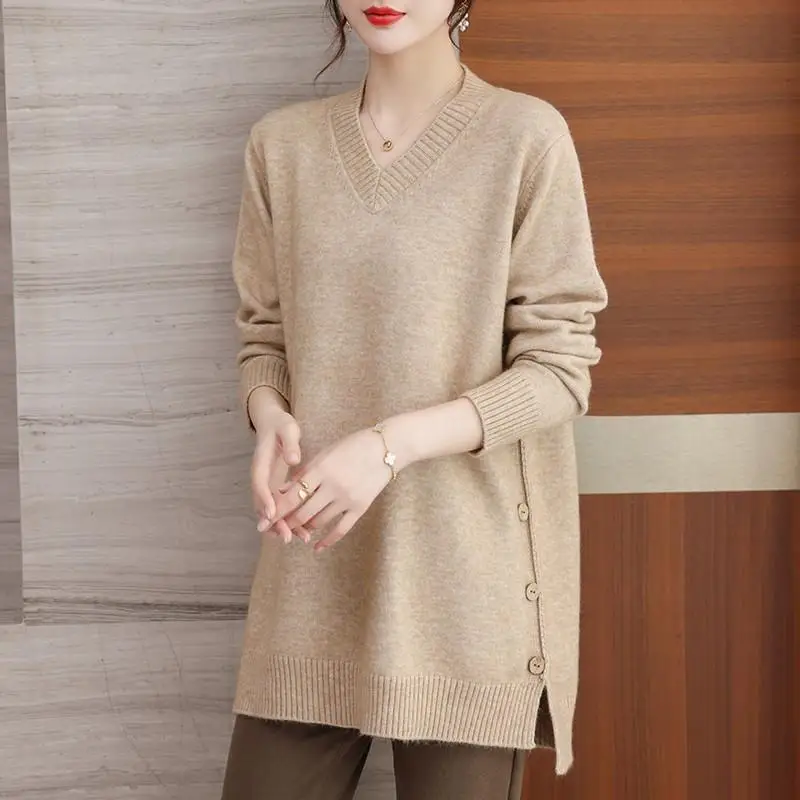 Plus Size 6XL 150kg Winter V Neck Sweater Solid Color Long Sleeve Women Knitted weater Split Big Size Sweater