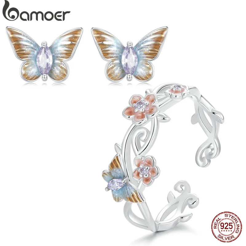 Bamoer Oryginalne 925 Sterling Silver Romantyczne pierścionki z motylkami wiśniowymi Kolczyki dla kobiet Zestawy biżuterii ślubnej