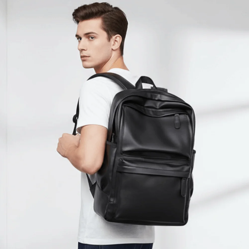 PVC Leather Backpack Men Padded Shoulder Strap Hidden Zipper Pocket Laptop School Bag Black Finish Dual Side Slot