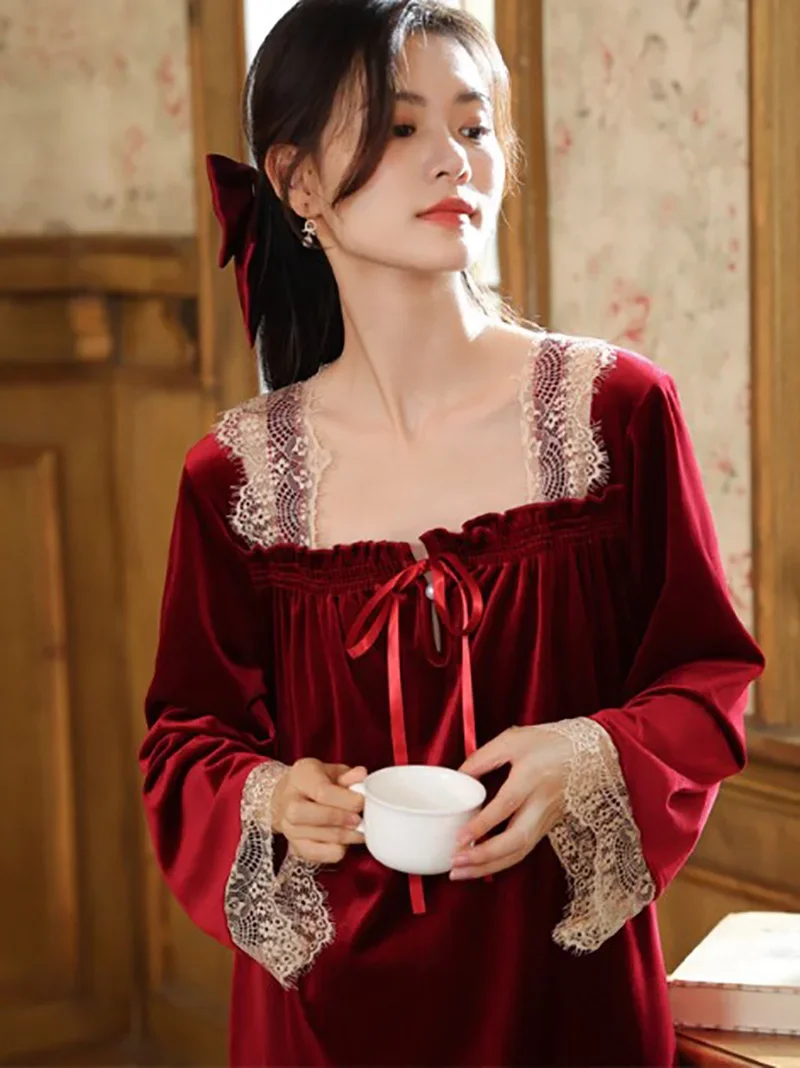 Women Autumn Winter Velour Victorian Ruffles Lace Long Sleeve Robe Vintage Princess Nightgowns Femme Night Dress Loose Sleepwear