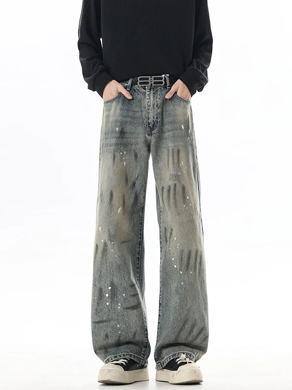 

Vibe Graffiti Men's Jeans Vintage Straight Leg Long Pants Autumn Winter American High Street Weathered Wide Leg Pants