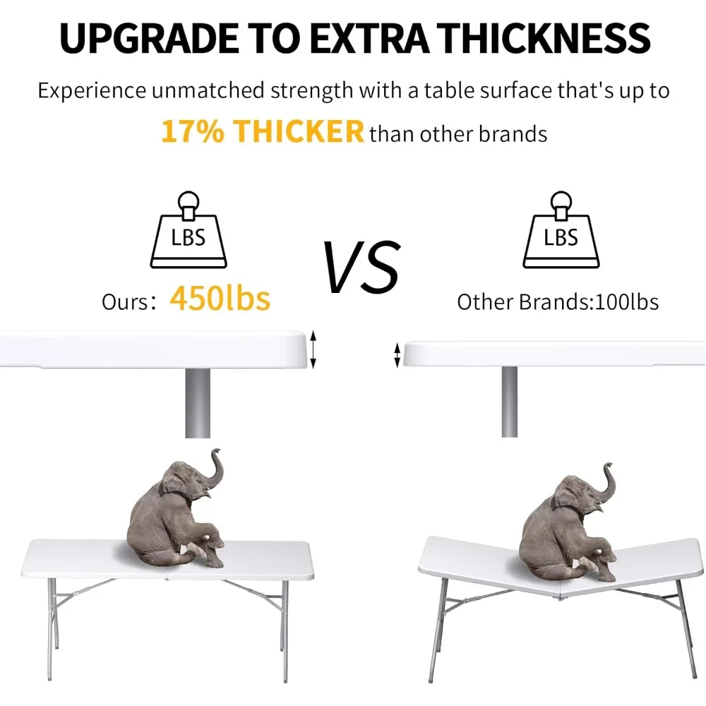 Folding Table 6FT, No Assembly Required Outdoor Picnic Table Thickened HDPE Panel, Office Foldable Table with