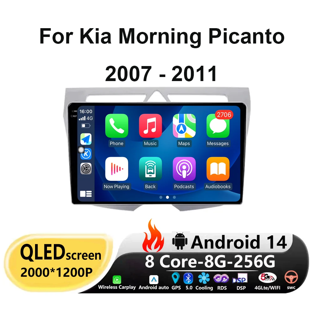 

For Kia Morning Picanto 2007 - 2011 Android 14 Carplay Auto Multimedia Video Player Navigation Car Radio 360 Camera GPS 4G WIFI