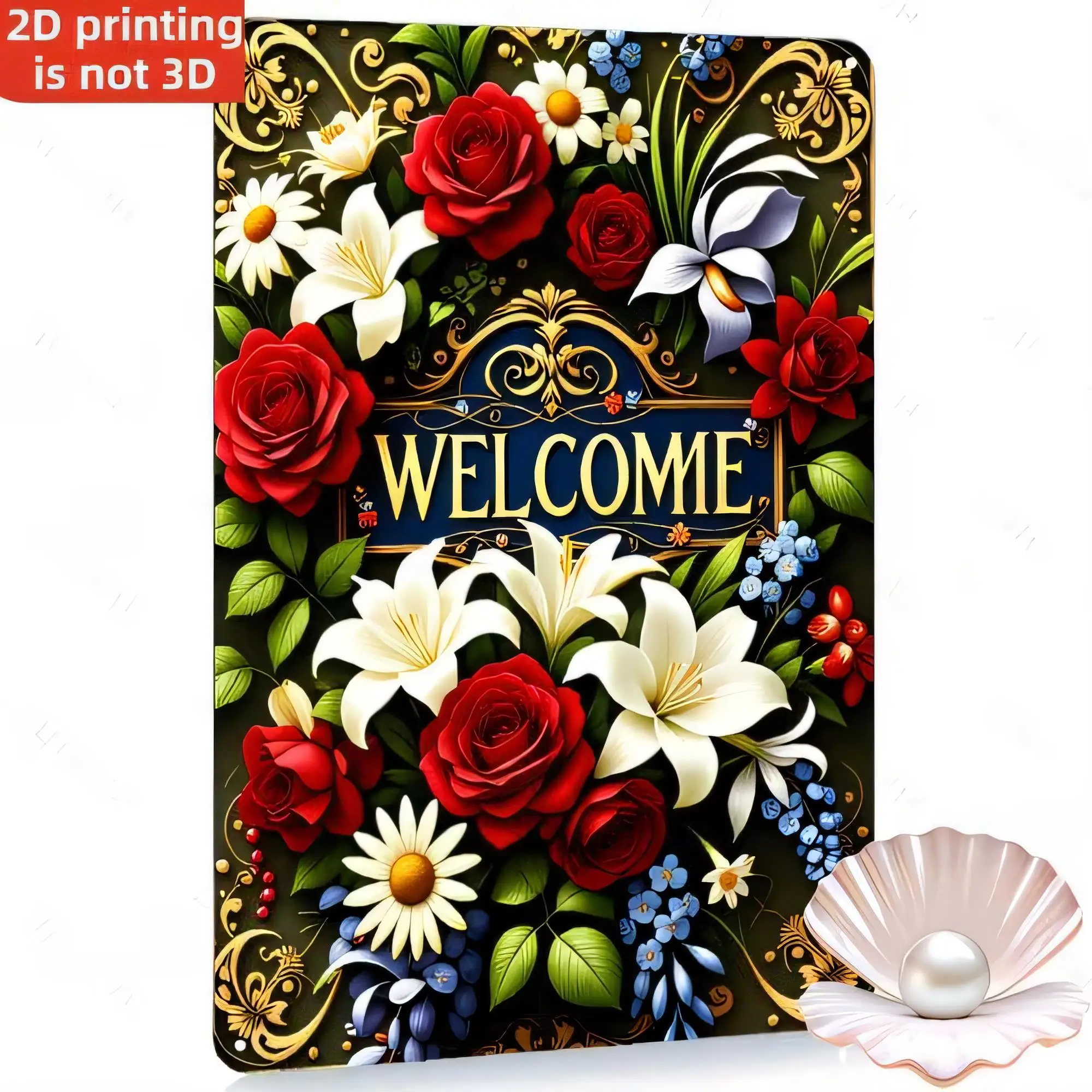Tin Sign Welcome Floral Garden Roses Lily Butterflies Vintage Metal Plaque Wall Decor   2D Printing for Entryway Patio Bedroom L