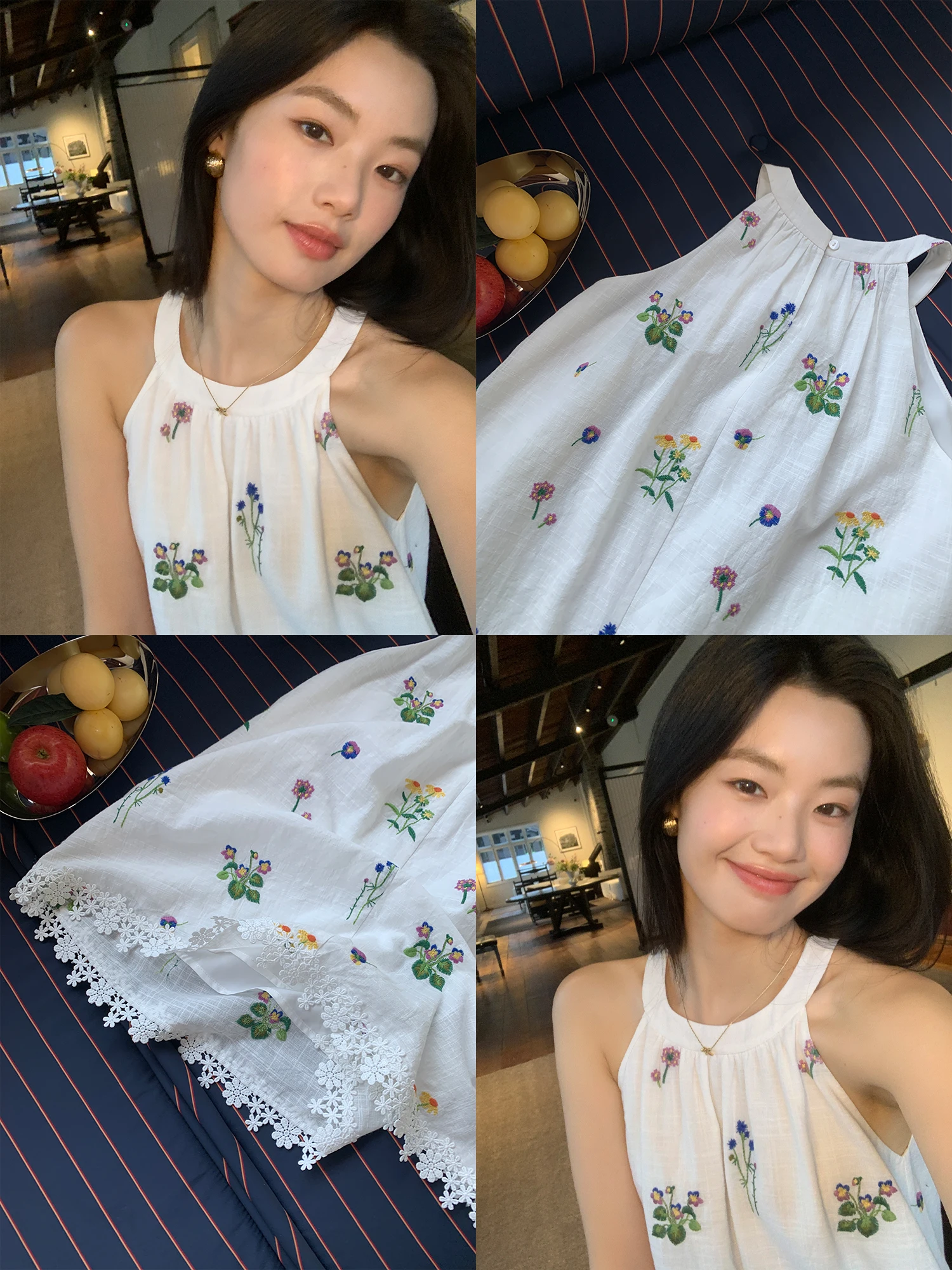 Pusumede Alice Tea Embroidered Hanging Neck Strapless Vest Women's Summer Shoulder Exposure Top Cotton French Style