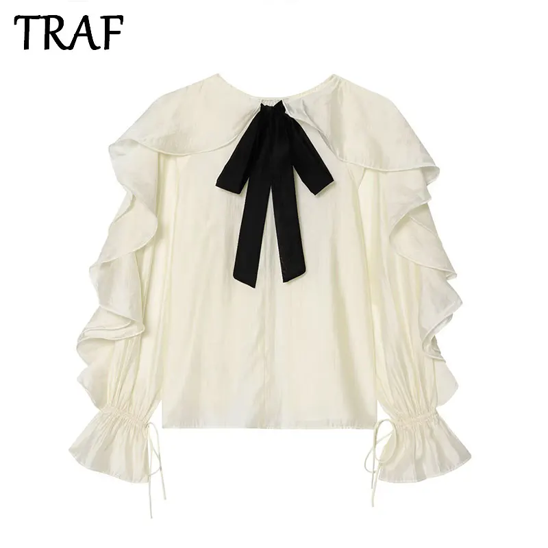 

TRAF Women's Blouse New Summer 2025 White Long Sleeve Ruffle Shirt Black Bow Decoration Casual Fashion Personality Versatile