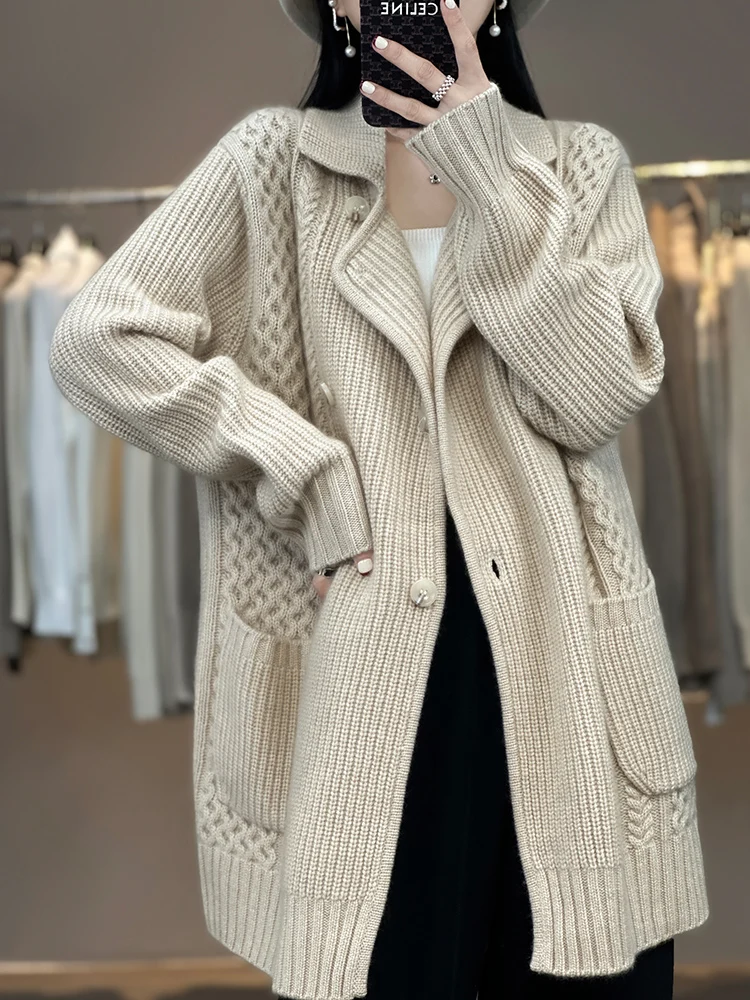 100% Merino Wool Sweater Women Turn-down Collar Cardigan Long Coat Autumn Winter Thick Cashmere Knitwear Female Grace Clothing