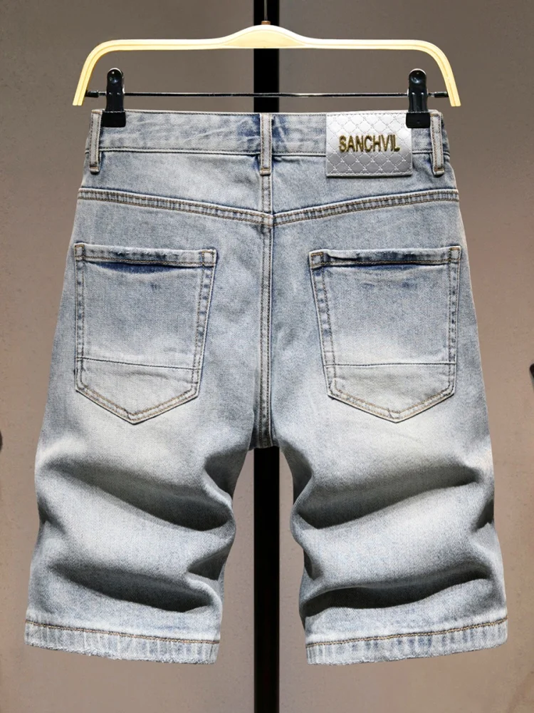 

Retro American Denim orts Men's Summer Trendy Brand Heavy Waed Ripped Casual Five-Quarter Pants Straight Leg Jeans