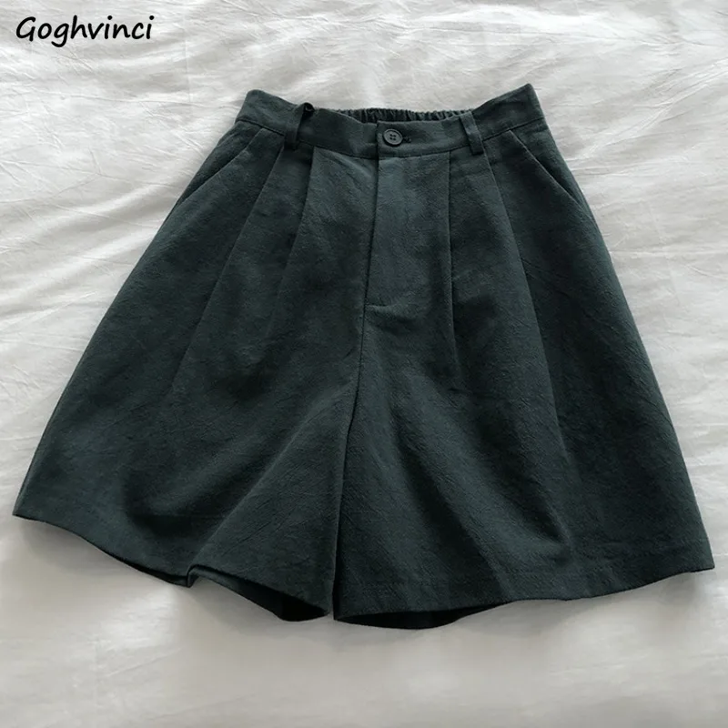 Retro Solid Shorts Women Summer Cotton Linen Folds Design High Elastic Waist Pockets Single Button Wide Leg Loose Slim All-match