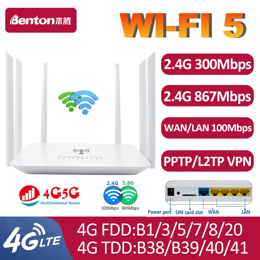 Benton 4G LTE 라우터 듀얼 밴드 와이파이 2.4GHz 5.8GHz 1200Mbps VPN WiFi5 무선 인터넷 리피터, SIM 카드용 핫스포츠 모뎀