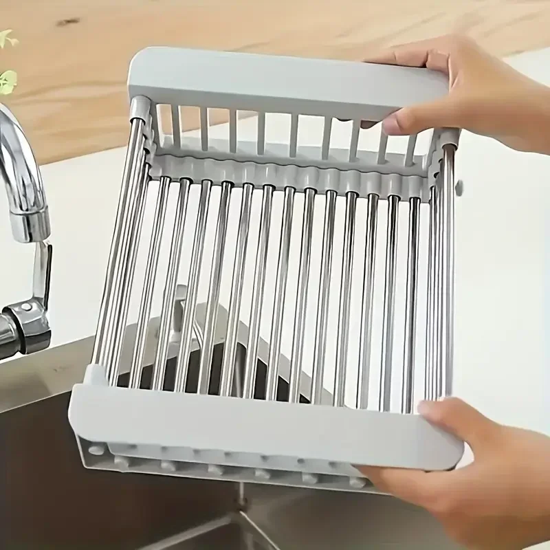 Adjustable 304 Stainless Steel Sink Drain Basket Drain Drying Rack Multifunctional Storage Rack for Kitchen Dish Vegetable Fruit