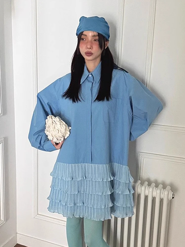 Estilo coreano primavera verão turn-down colarinho cor sólida emendado em camadas vestido mulher doce a linha vestido