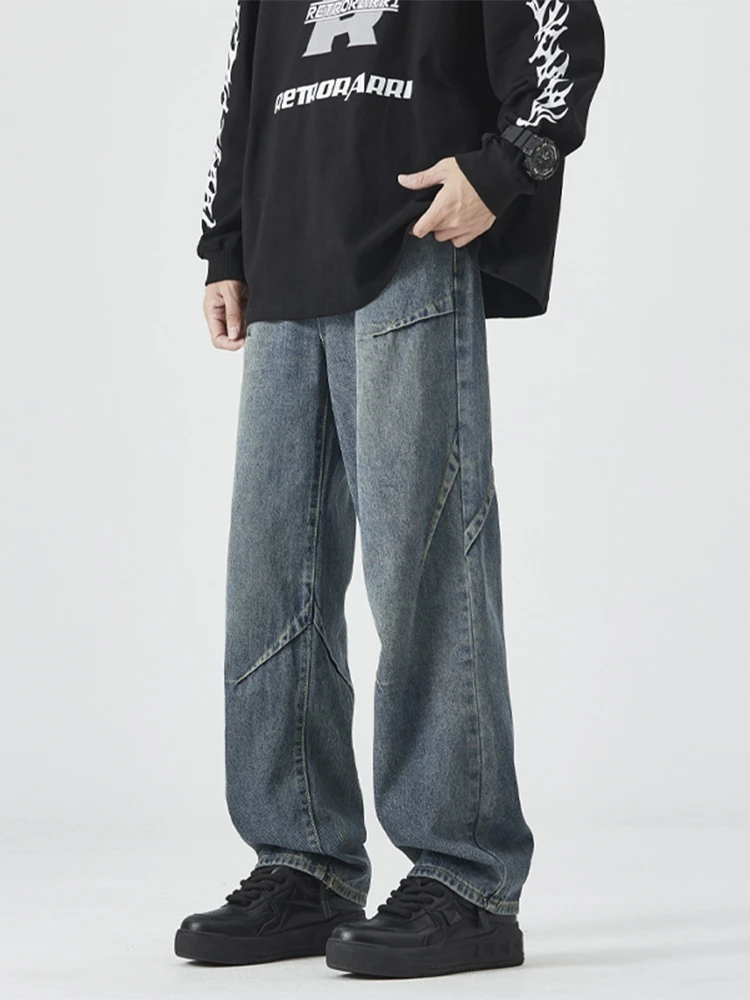 

Новые осенние свободные мужские джинсы в американском стиле High Street, винтажные, прямые, универсальные, длинные брюки, молодежные, повседневные, джинсовые