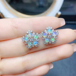 FS 3mm Natural Opal S925 Sterling Silver Flower Ear Studs With Certificate Fine Charm Weddings Jewelry for Women MeiBaPJ