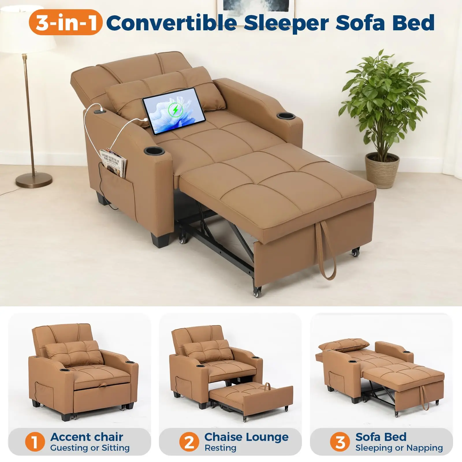 3-in-1 Convertible Sleeper Chair Bed, Modern Pull-Out Sofa with Adjustable Backrest, USB Ports, Cup Holders & Side Pockets, Space-Saving for Living Room, Bedroom, Small Spaces, Brown/Black/Gray