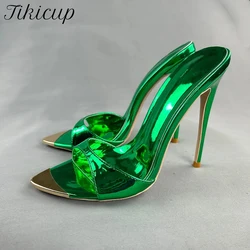 New Designer Woman's Sandals 12cm Metal Peep Toe High Heels Slippers Summer laser Pointed Toe Slides Stilettos Party Shoes