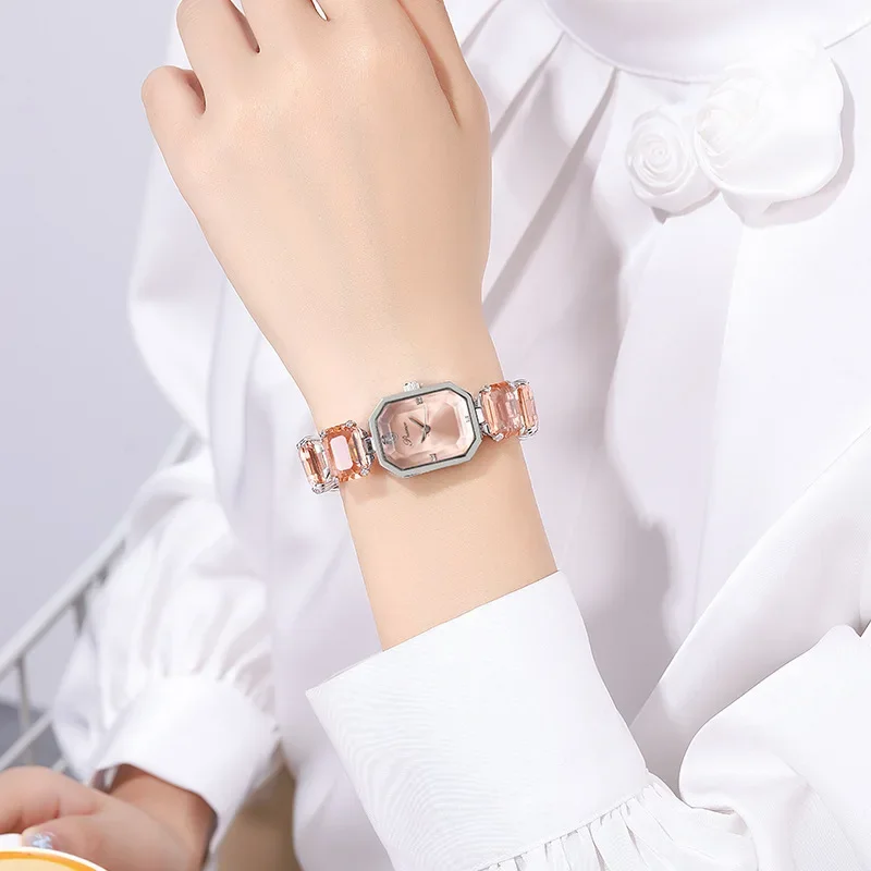 Fashion Brand Wrist Watch Women Girl Beautiful Rectangle Colorful Gems Design Steel Metal Band Clock