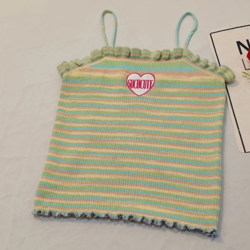 Camisola de punto ajustada sin mangas con bordado de amor a rayas Retro dulce de verano para mujer