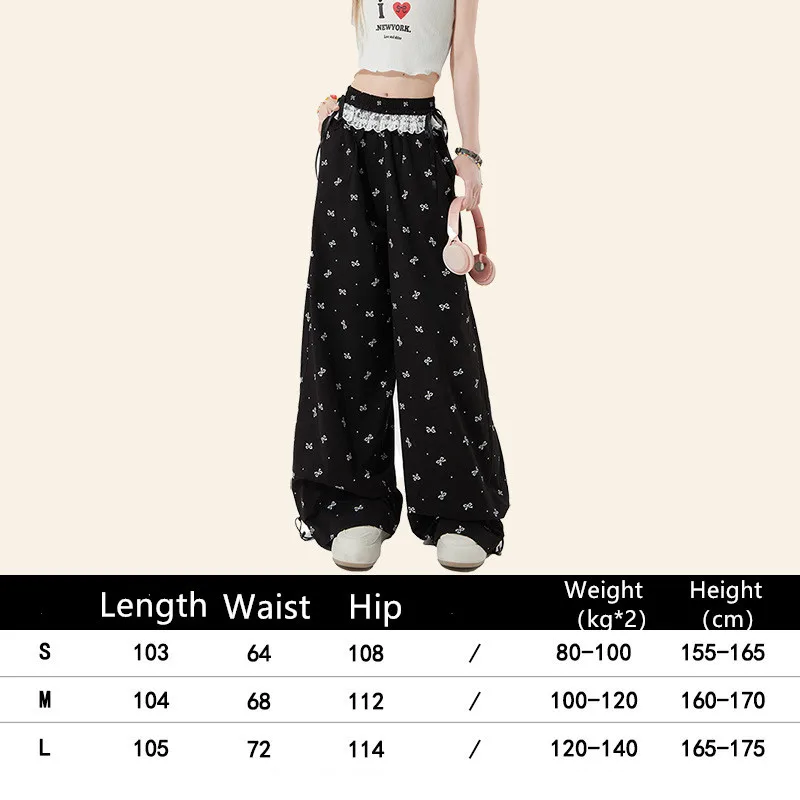 Black Bow Lace Wide Leg Pants For Women 2024 Summer New Polka Dot Print High Waist Slimming Casual Long Pants