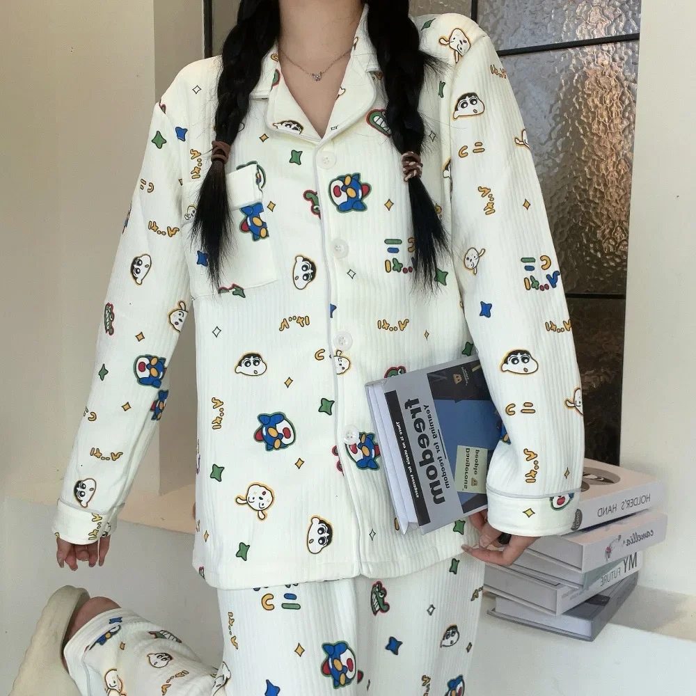 Conjunto de pijamas Kawaii Crayon Shinchan para niñas, lindo Anime, capa de aire, acolchado, grueso, cálido, manga larga, ropa para el hogar, Invierno