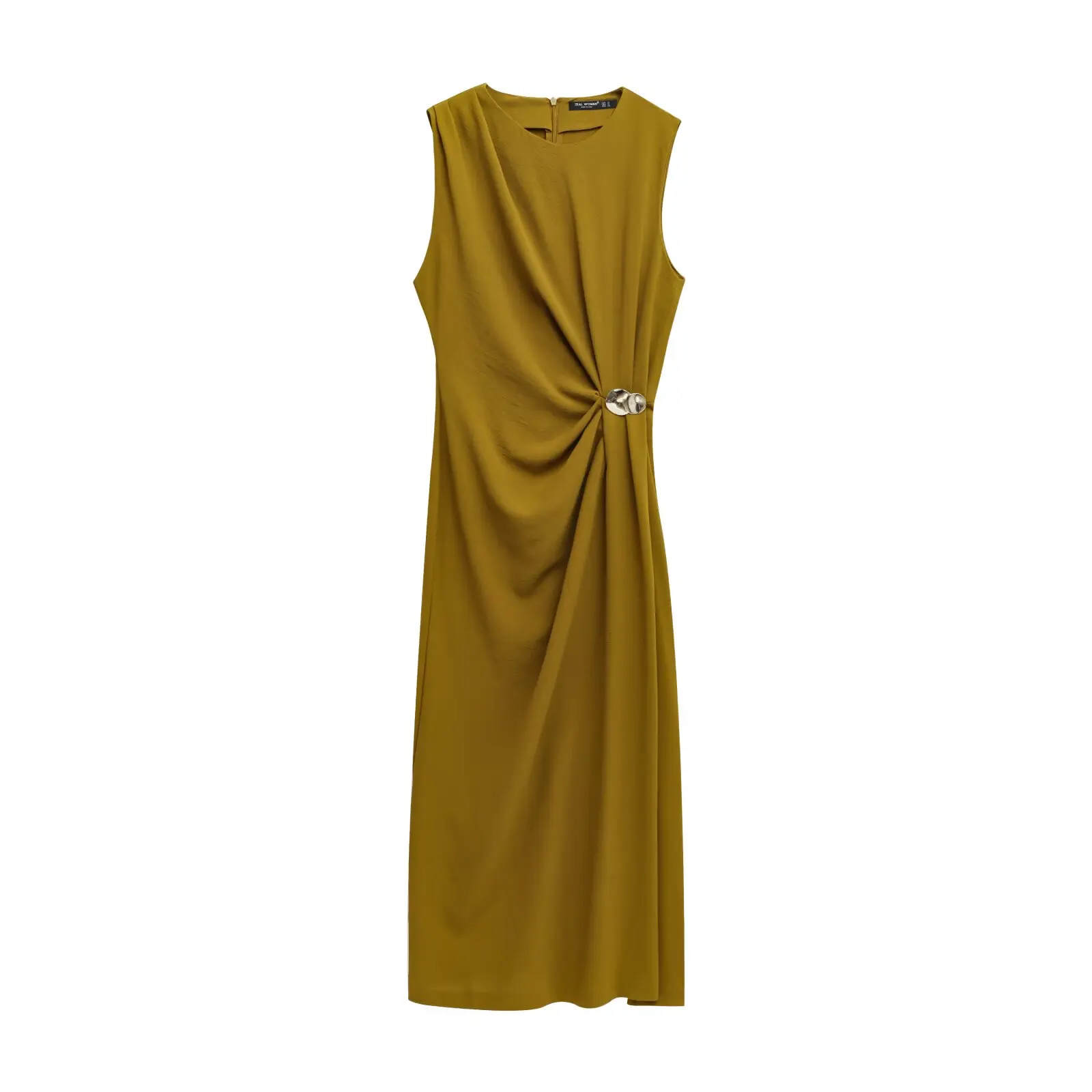 فستان بدون أكمام للنساء بأزرار معدنية، فستان متوسط الطول بطيات، ملابس مكتبية بسيطة، لون سادة، ملابس صيفية