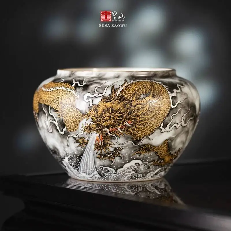 

Holy Mountain Jingdezhen Classy Pastel Gold Dragon Set Accessories Hand-Painted Ceramic Wash Tea Dregs Bucket