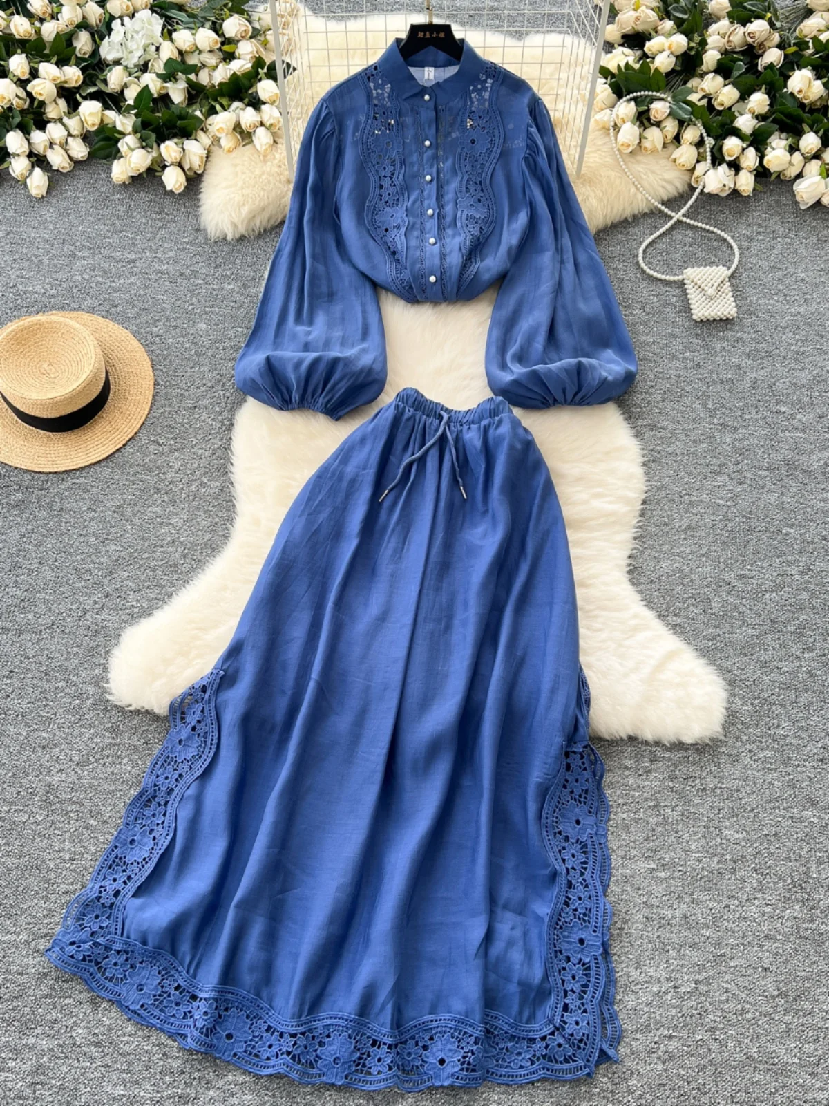 Ele Hollow out Lace Patchwork Lantern Sve irt Set Rok Belah Pinggang Tinggi Wanita Vintage Chic Sle untuk Pemuda...