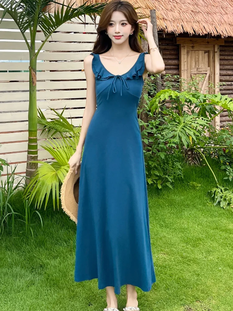 Feminino azul elegante arco babados estilingue sexy vestido longo verão moda bodycon casual vestido de férias 2025 coreano vintage vestido de festa