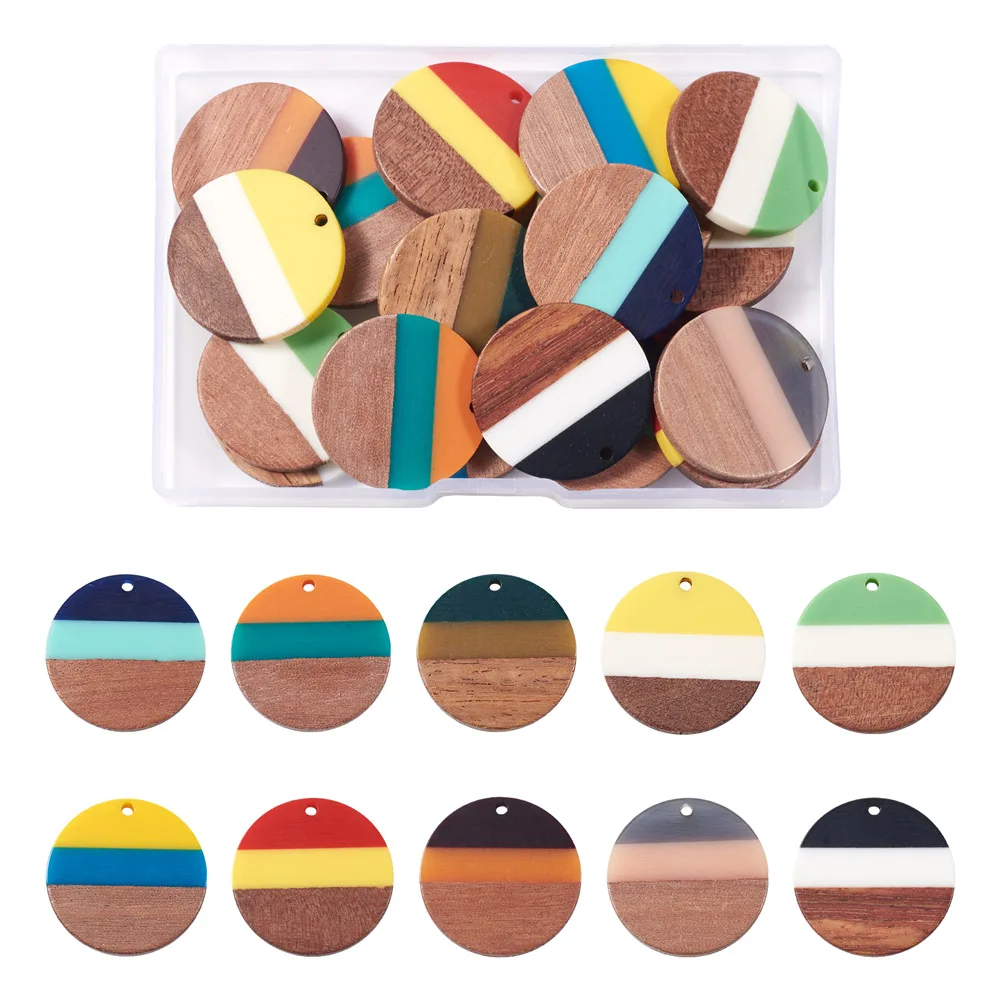 20Pcs Natural Wood Resin Charms Tri-color Flat Round Wooden Pendant For Necklace Earring DIY Jewelry Making Accessories