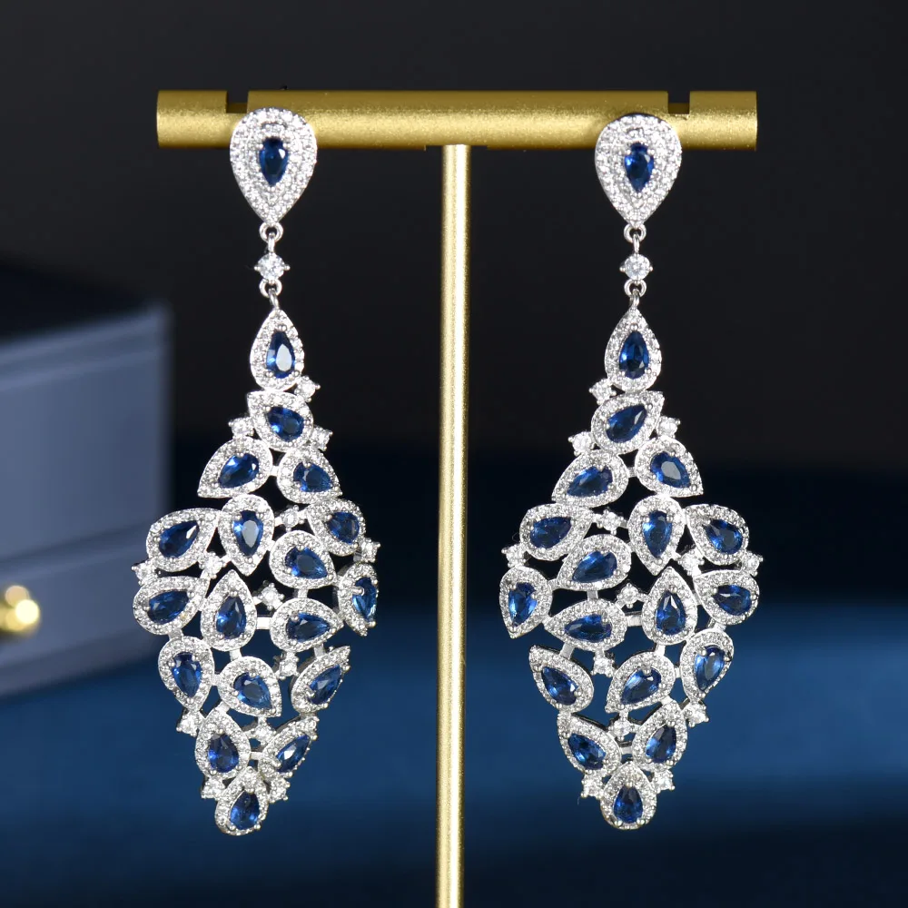 

HIBRIDE Luxury Water Drop Design Blue Color Cubic Zirconia Dangle Drop Earrings for Women Anniversary Dress Party Jewelry E-1094