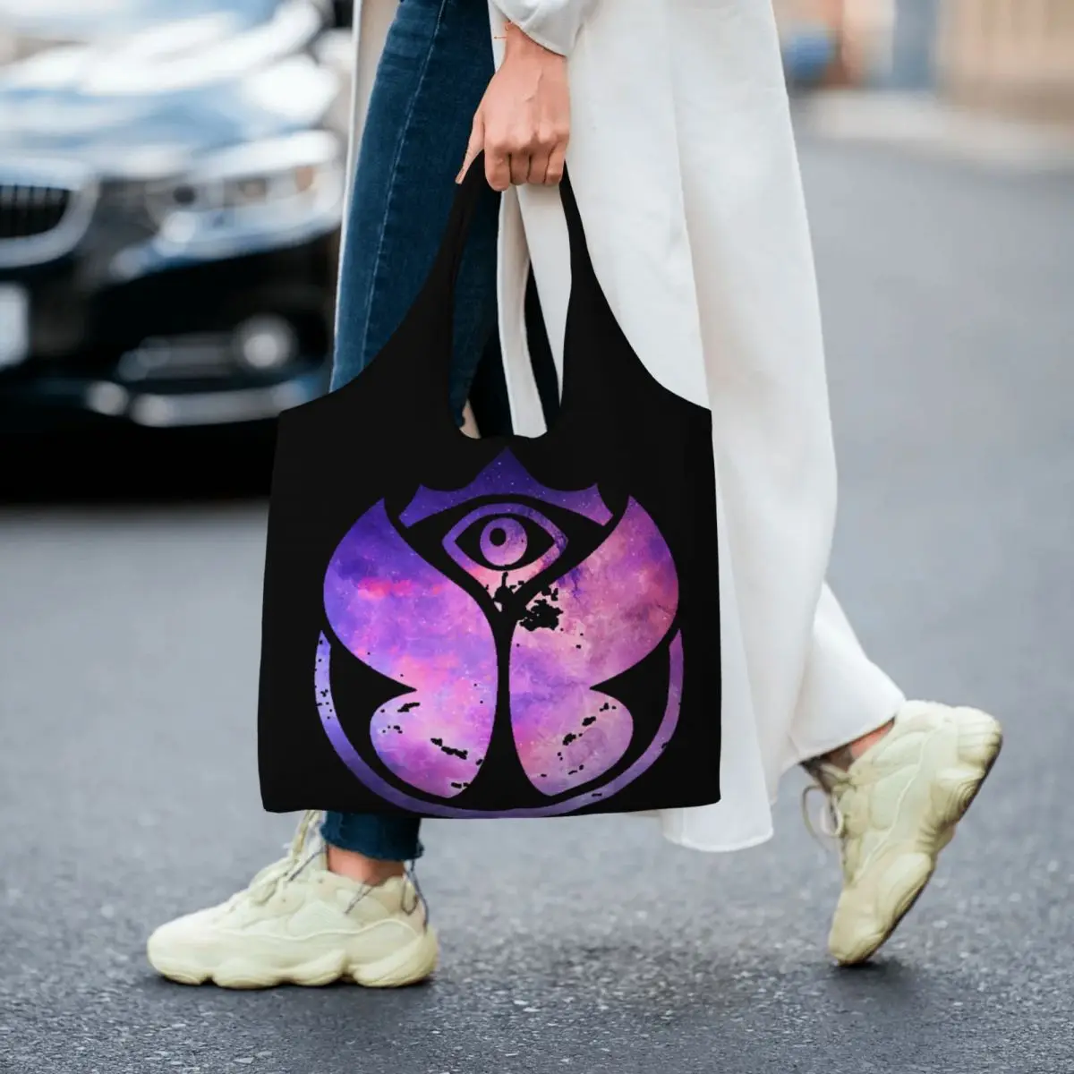 Purple Tomorrowlands Groceries Shopping Bags Fashion Printing Canvas Shopper Tote Shoulder Bag Large Capacity Washable Handbag