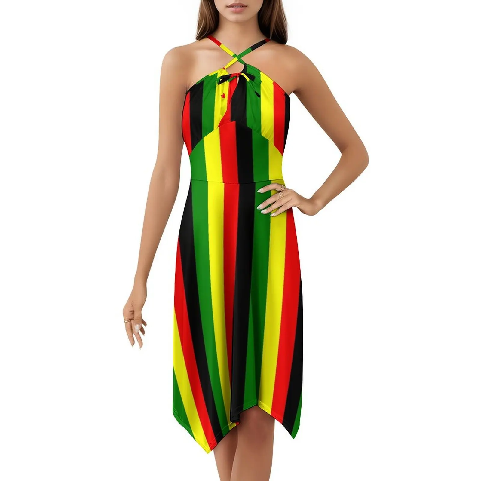 فستان قصير بألوان الراستا أحمر أخضر ذهبي ألوان زاهية مخطط على طراز بريبي للنساء على شكل حرف a فضفاض مناسب فستان يوم غير رسمي الراستا #5