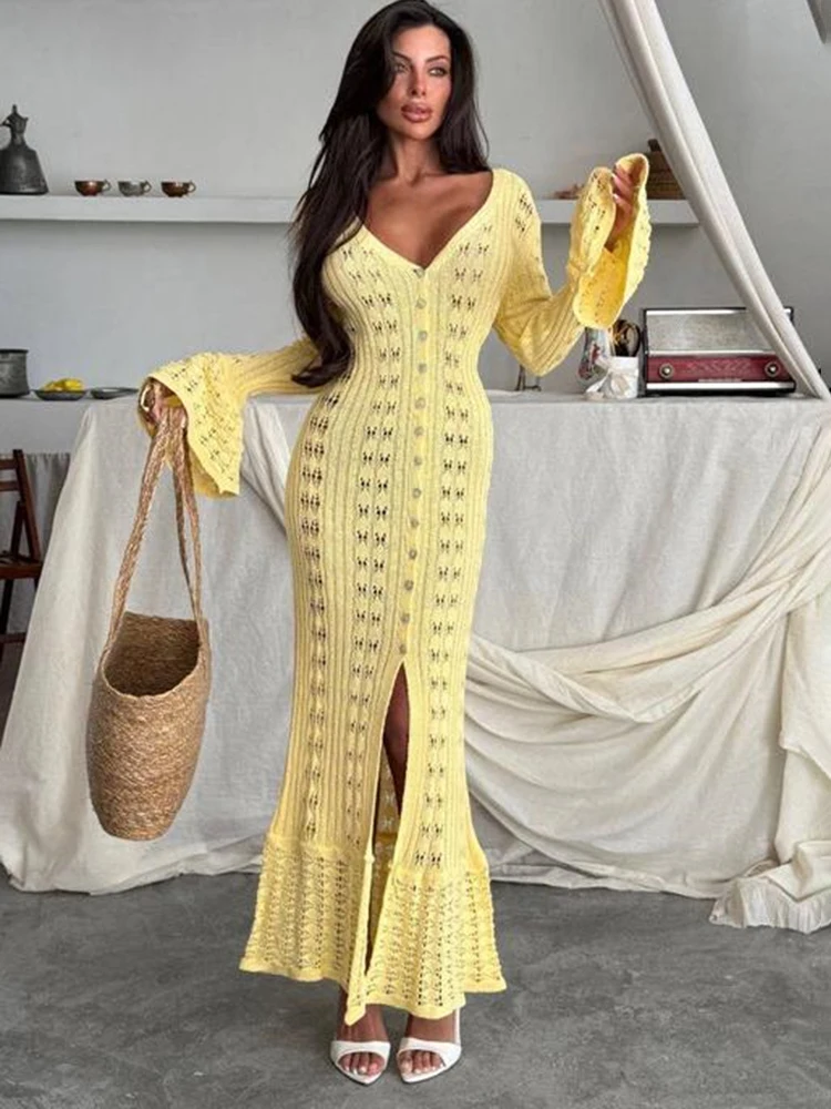 

Talenza Women's Casual Cardigan Summer Hollow Out Long Sleeve Loose Vacation Long Cardigan Vintage Ruffle Female Long Dresses