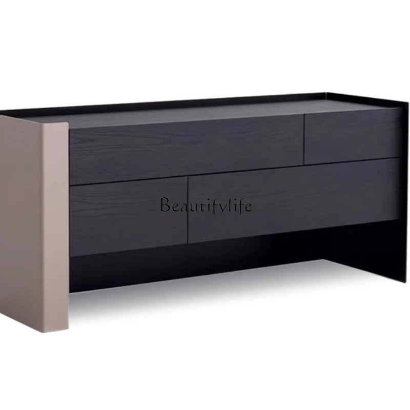 

Side cabinet retro saddle leather high-end bedroom cabinet Italian minimalist
