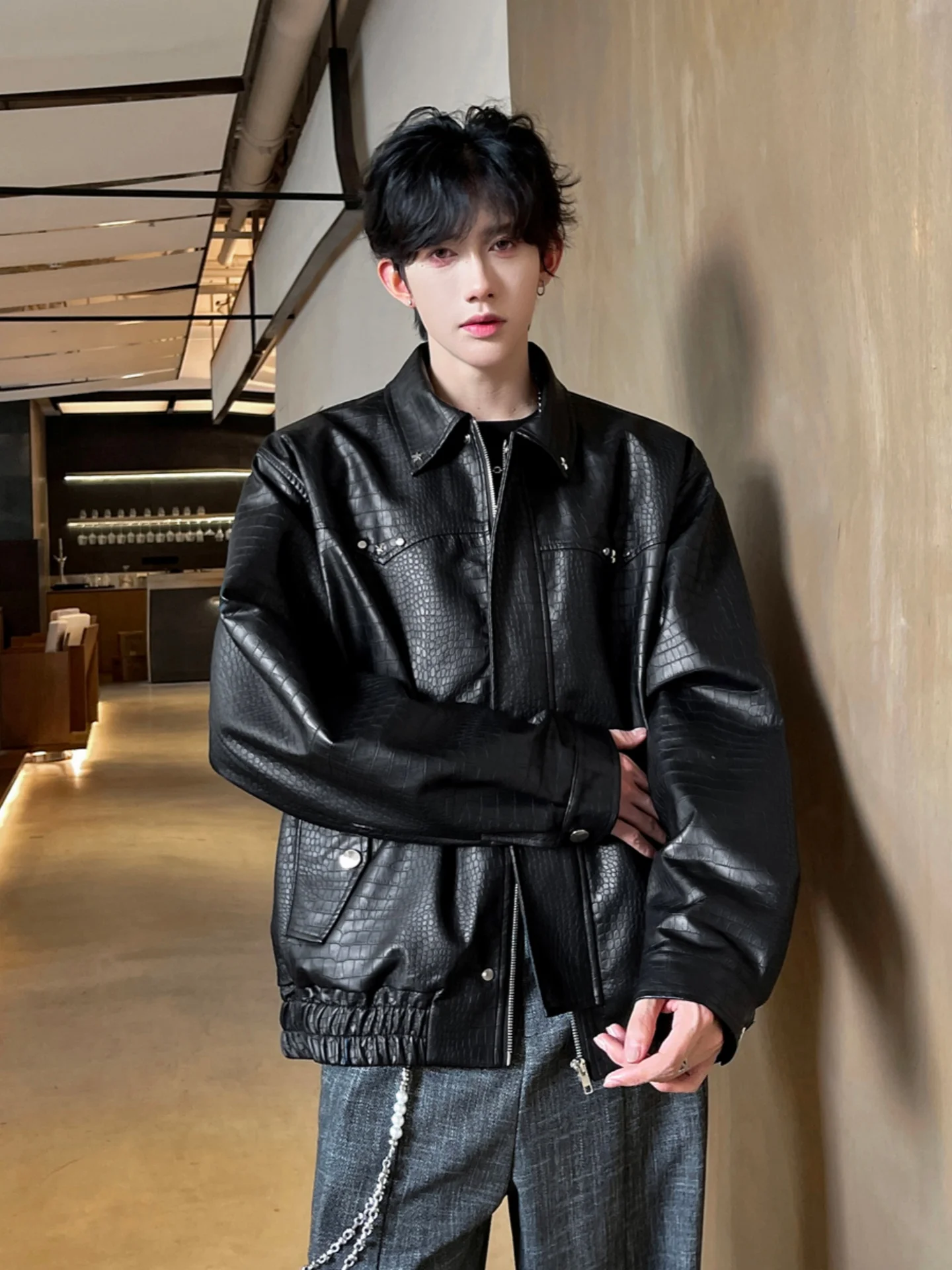 

Leather Jaet Men's Design Sense American Retro Workwear Jaet Spring New Sle Youthful Haome Top Crocodile Pattern