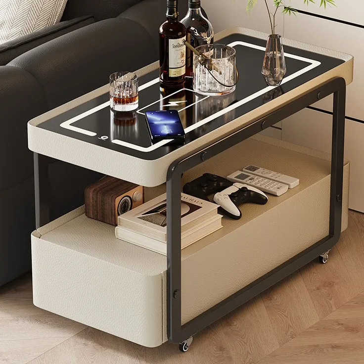 Italian Modern Minimalist Side Table Movable Small Wooden Trolley with Wireless Charging Socket Coffee Table for Living Room