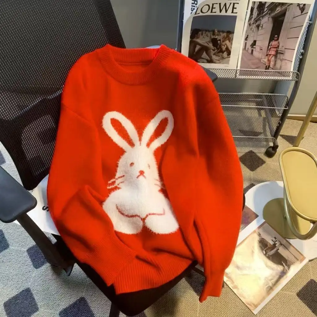Winter Fufu Niedlicher weißer Kaninchen-Strickpullover, lockerer Weihnachts-Rot-Koreanischer Stil, Damenpullover, warm, gemütlich, Urlaubsmode