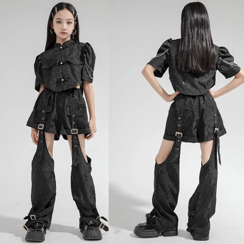 

2024 New Ballroom Hip Hop Dance Costumes For Girls Black Kpop Outfits Children Jazz Modern Dane Performance Stage Wear DQS17022