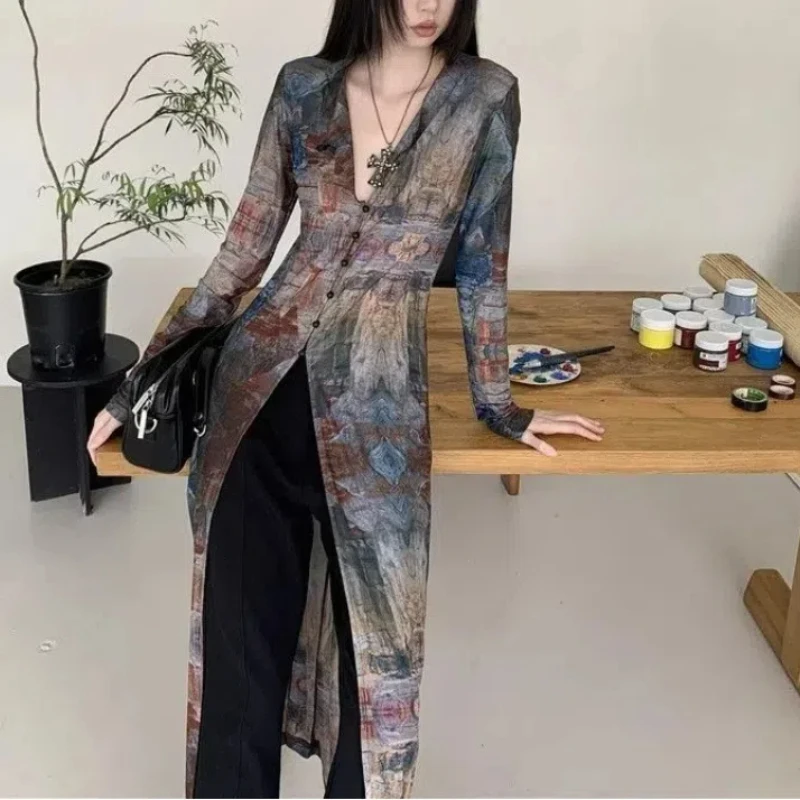 American Retro Printing Gauze Lolita Summer 2024 New Patchwork V-neck Button Fashion Slim All-match Long Sleeved Chiffon Jacket