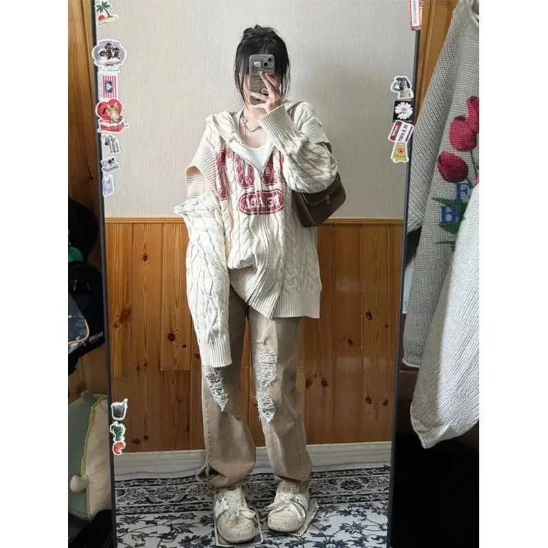 Hip Hop Streetwear Oversized Sweater Women Letter Cardigan Autumn And Winter Versatile Detachable Knit Loose Pullover Y2k Top
