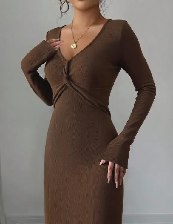 

Spring & Autumn Brown V-Neck Dress Women's Chest Twisted Design Slim Long Sleeve Commuting Dress Female Fashion Sexy Dresses