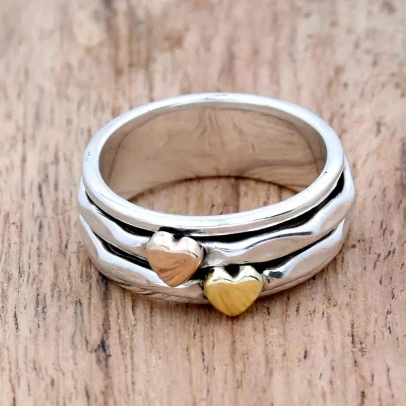 Huitan Opulent Double Heart Design Rings for Women Vintage Stylish Finger Accessories Trendy Romantic Wedding Engagement Jewelry