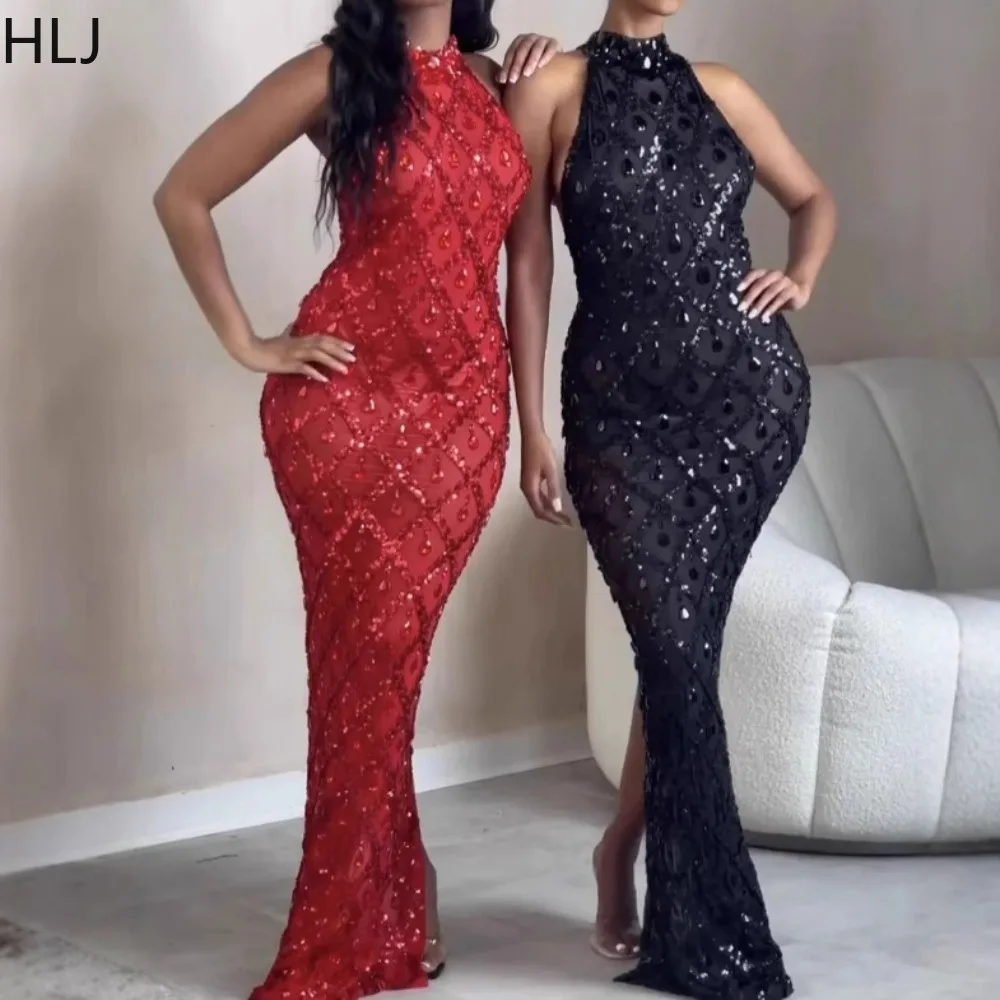 

HLJ Autumn New Sexy Sequin Patchwork Bodycon Long Dress Women Halter Backless Shining Dress Female Party Clubwear Vestidos 2025