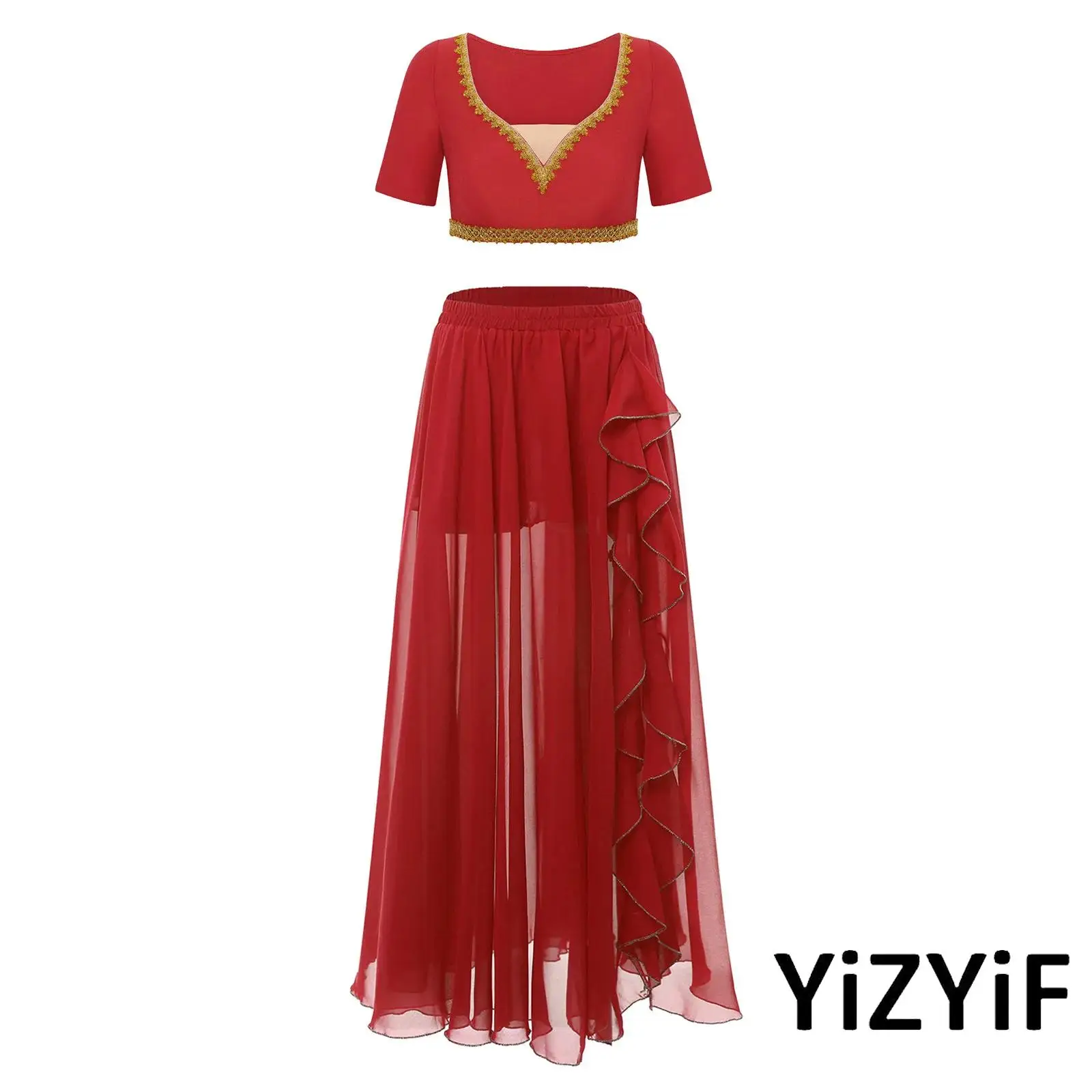 

Women Belly Dancewear Gold Trim V Neck Short Sleeve Crop Top with Elastic Waistband Chiffon Skirt Lady Elegant Folk Dane Outfits